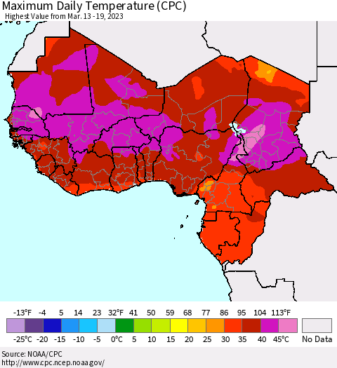 Western Africa Maximum Daily Temperature (CPC) Thematic Map For 3/13/2023 - 3/19/2023