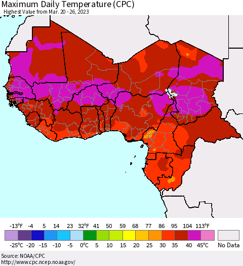 Western Africa Maximum Daily Temperature (CPC) Thematic Map For 3/20/2023 - 3/26/2023