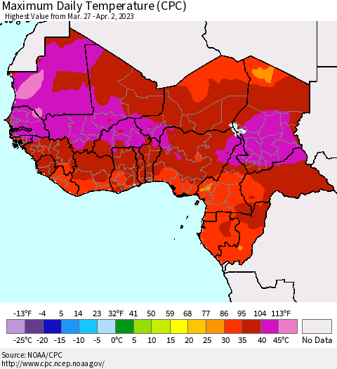 Western Africa Maximum Daily Temperature (CPC) Thematic Map For 3/27/2023 - 4/2/2023