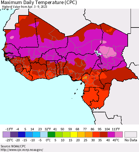 Western Africa Maximum Daily Temperature (CPC) Thematic Map For 4/3/2023 - 4/9/2023