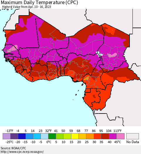 Western Africa Maximum Daily Temperature (CPC) Thematic Map For 4/10/2023 - 4/16/2023