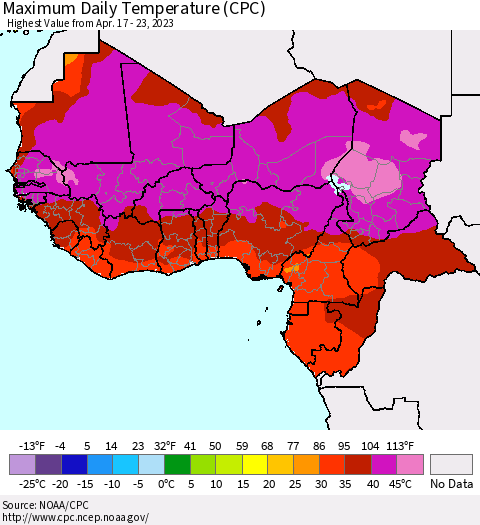 Western Africa Maximum Daily Temperature (CPC) Thematic Map For 4/17/2023 - 4/23/2023