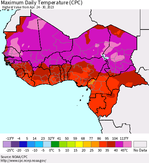 Western Africa Maximum Daily Temperature (CPC) Thematic Map For 4/24/2023 - 4/30/2023