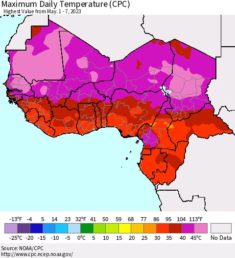 Western Africa Maximum Daily Temperature (CPC) Thematic Map For 5/1/2023 - 5/7/2023