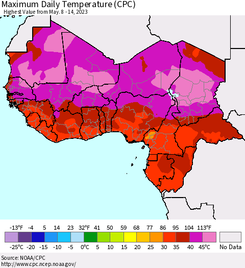 Western Africa Maximum Daily Temperature (CPC) Thematic Map For 5/8/2023 - 5/14/2023
