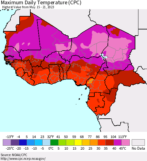 Western Africa Maximum Daily Temperature (CPC) Thematic Map For 5/15/2023 - 5/21/2023