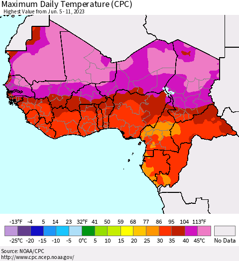 Western Africa Maximum Daily Temperature (CPC) Thematic Map For 6/5/2023 - 6/11/2023