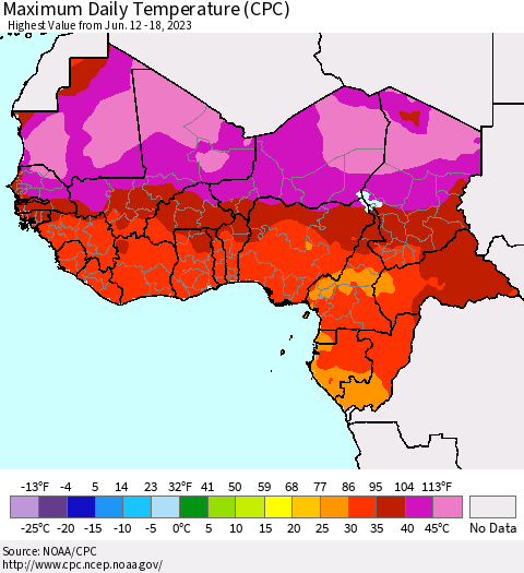 Western Africa Maximum Daily Temperature (CPC) Thematic Map For 6/12/2023 - 6/18/2023