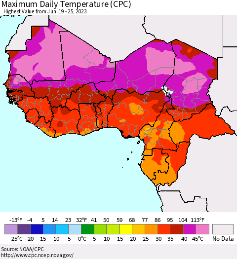 Western Africa Maximum Daily Temperature (CPC) Thematic Map For 6/19/2023 - 6/25/2023