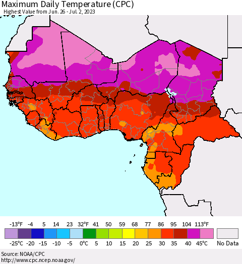 Western Africa Maximum Daily Temperature (CPC) Thematic Map For 6/26/2023 - 7/2/2023
