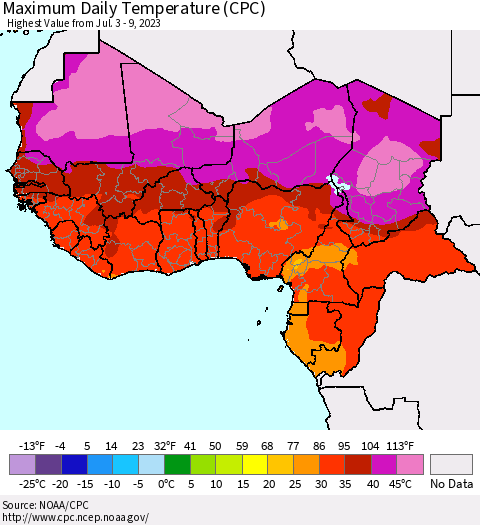 Western Africa Maximum Daily Temperature (CPC) Thematic Map For 7/3/2023 - 7/9/2023
