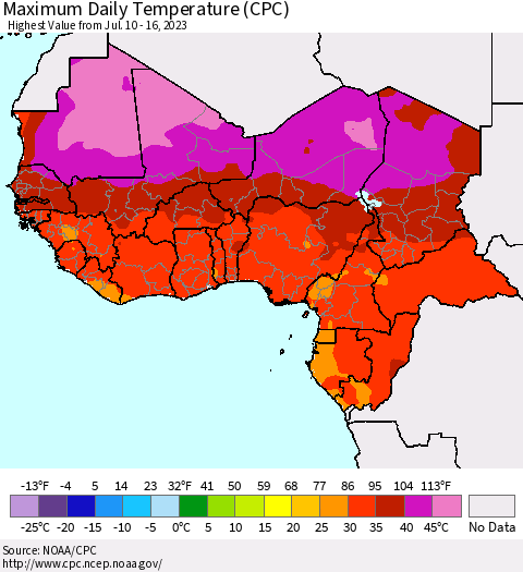 Western Africa Maximum Daily Temperature (CPC) Thematic Map For 7/10/2023 - 7/16/2023