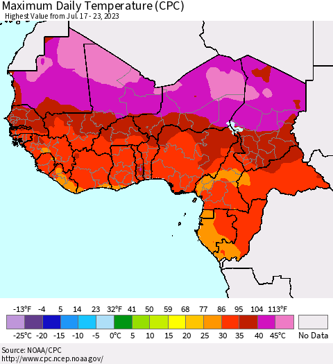Western Africa Maximum Daily Temperature (CPC) Thematic Map For 7/17/2023 - 7/23/2023