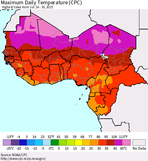 Western Africa Maximum Daily Temperature (CPC) Thematic Map For 7/24/2023 - 7/30/2023
