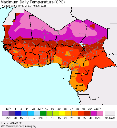 Western Africa Maximum Daily Temperature (CPC) Thematic Map For 7/31/2023 - 8/6/2023