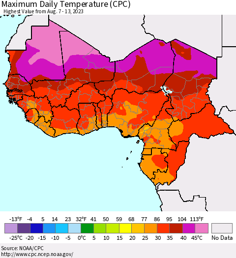 Western Africa Maximum Daily Temperature (CPC) Thematic Map For 8/7/2023 - 8/13/2023
