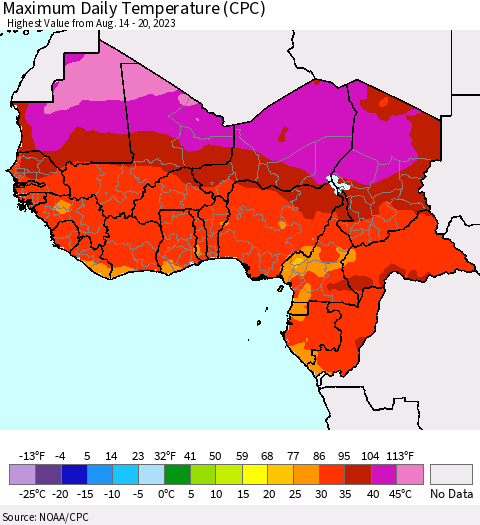 Western Africa Maximum Daily Temperature (CPC) Thematic Map For 8/14/2023 - 8/20/2023