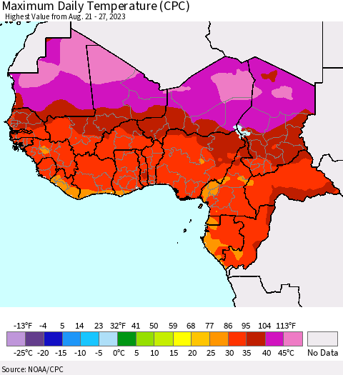 Western Africa Maximum Daily Temperature (CPC) Thematic Map For 8/21/2023 - 8/27/2023