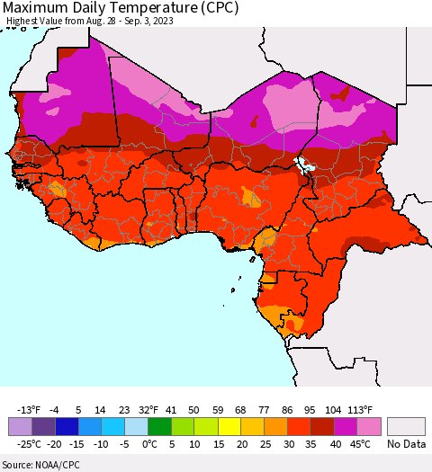 Western Africa Maximum Daily Temperature (CPC) Thematic Map For 8/28/2023 - 9/3/2023