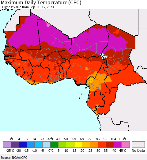 Western Africa Maximum Daily Temperature (CPC) Thematic Map For 9/11/2023 - 9/17/2023