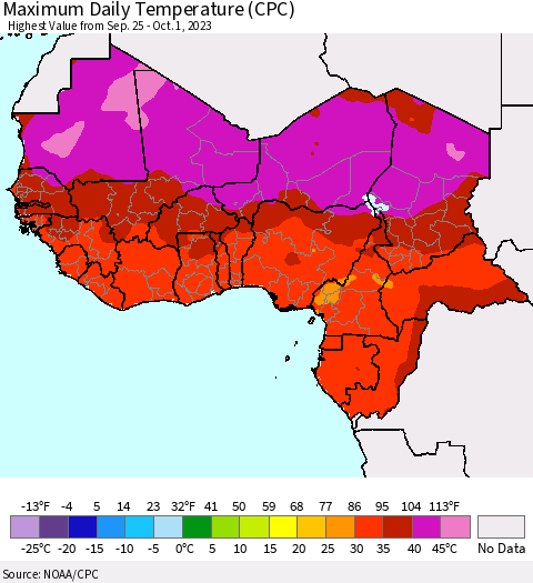Western Africa Maximum Daily Temperature (CPC) Thematic Map For 9/25/2023 - 10/1/2023
