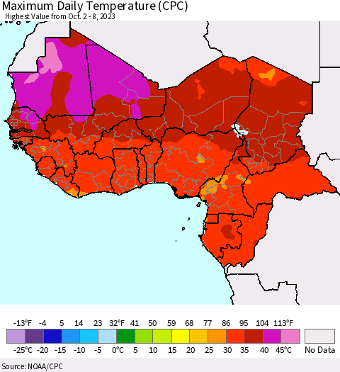 Western Africa Maximum Daily Temperature (CPC) Thematic Map For 10/2/2023 - 10/8/2023