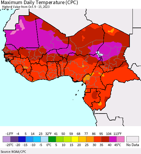 Western Africa Maximum Daily Temperature (CPC) Thematic Map For 10/9/2023 - 10/15/2023