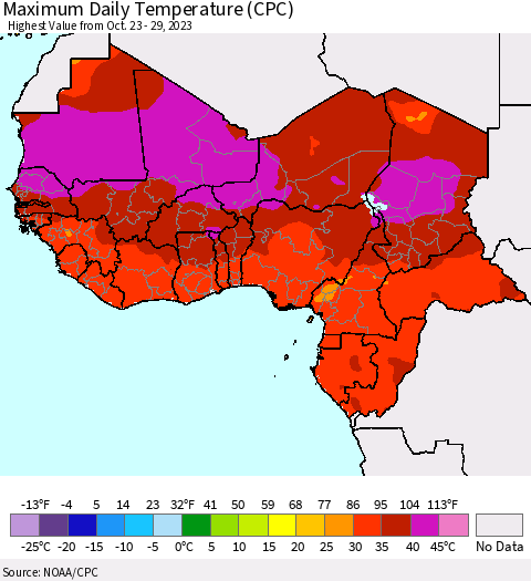 Western Africa Maximum Daily Temperature (CPC) Thematic Map For 10/23/2023 - 10/29/2023