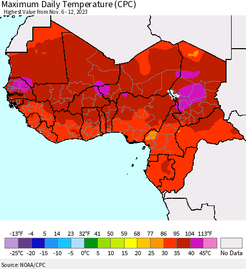 Western Africa Maximum Daily Temperature (CPC) Thematic Map For 11/6/2023 - 11/12/2023
