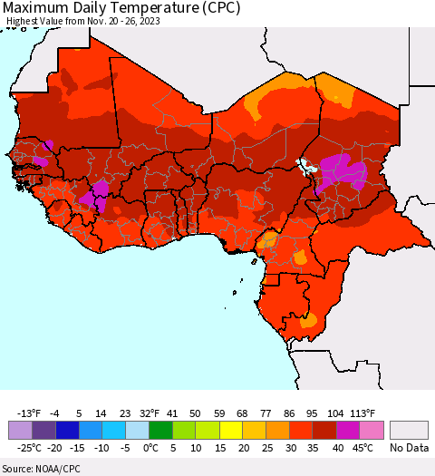 Western Africa Maximum Daily Temperature (CPC) Thematic Map For 11/20/2023 - 11/26/2023
