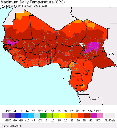 Western Africa Maximum Daily Temperature (CPC) Thematic Map For 11/27/2023 - 12/3/2023