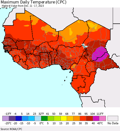 Western Africa Maximum Daily Temperature (CPC) Thematic Map For 12/11/2023 - 12/17/2023