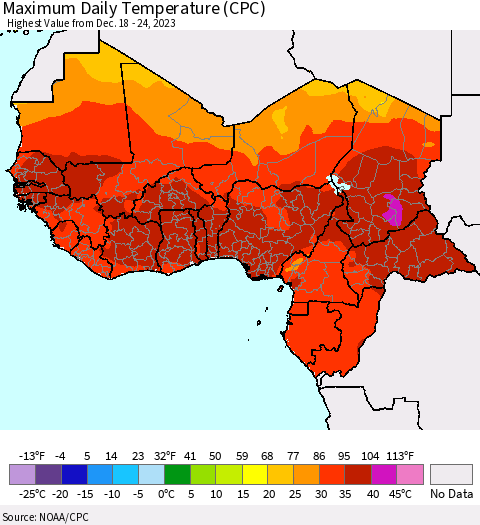 Western Africa Maximum Daily Temperature (CPC) Thematic Map For 12/18/2023 - 12/24/2023