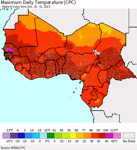 Western Africa Maximum Daily Temperature (CPC) Thematic Map For 12/25/2023 - 12/31/2023