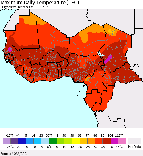 Western Africa Maximum Daily Temperature (CPC) Thematic Map For 1/1/2024 - 1/7/2024