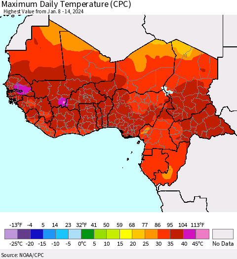 Western Africa Maximum Daily Temperature (CPC) Thematic Map For 1/8/2024 - 1/14/2024