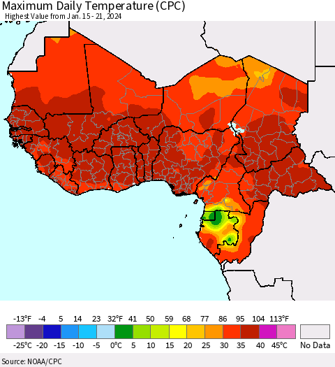 Western Africa Maximum Daily Temperature (CPC) Thematic Map For 1/15/2024 - 1/21/2024