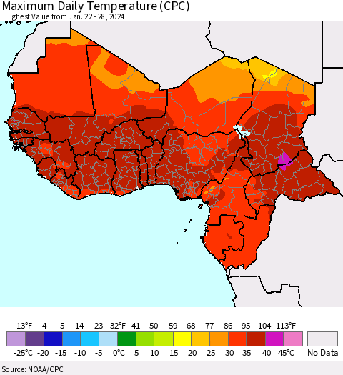 Western Africa Maximum Daily Temperature (CPC) Thematic Map For 1/22/2024 - 1/28/2024