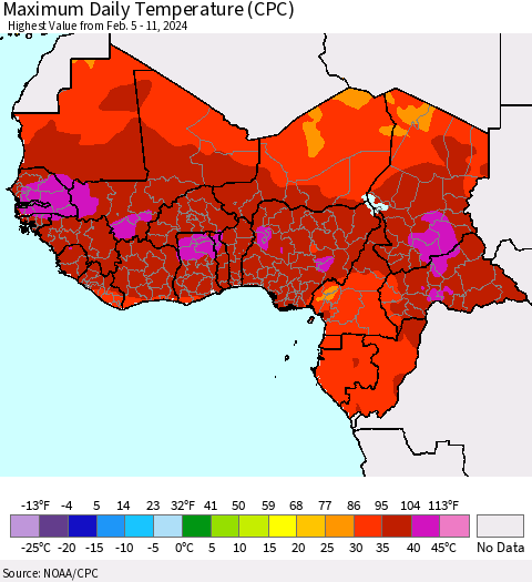 Western Africa Maximum Daily Temperature (CPC) Thematic Map For 2/5/2024 - 2/11/2024