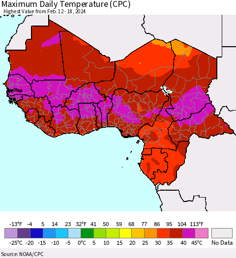 Western Africa Maximum Daily Temperature (CPC) Thematic Map For 2/12/2024 - 2/18/2024