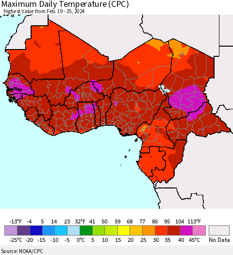 Western Africa Maximum Daily Temperature (CPC) Thematic Map For 2/19/2024 - 2/25/2024
