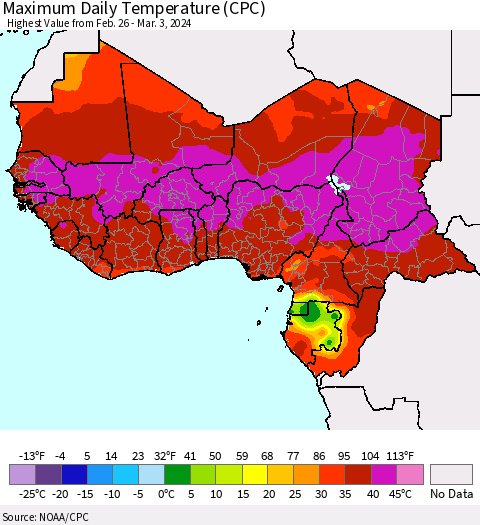 Western Africa Maximum Daily Temperature (CPC) Thematic Map For 2/26/2024 - 3/3/2024