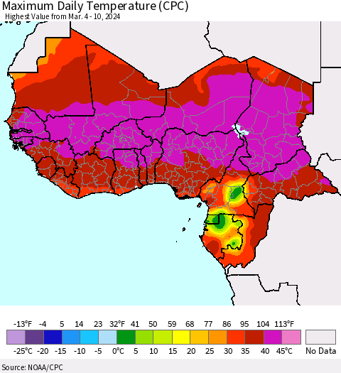 Western Africa Maximum Daily Temperature (CPC) Thematic Map For 3/4/2024 - 3/10/2024