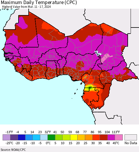 Western Africa Maximum Daily Temperature (CPC) Thematic Map For 3/11/2024 - 3/17/2024