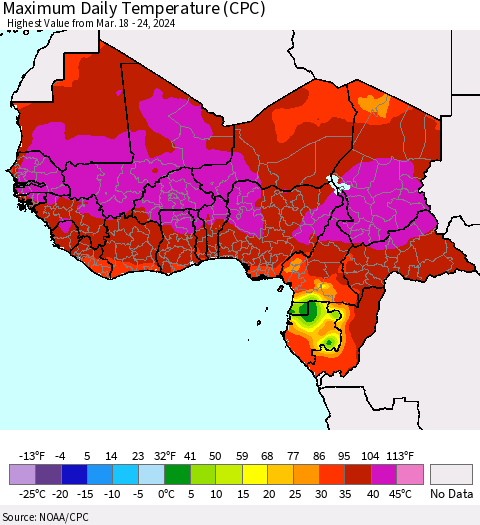 Western Africa Maximum Daily Temperature (CPC) Thematic Map For 3/18/2024 - 3/24/2024