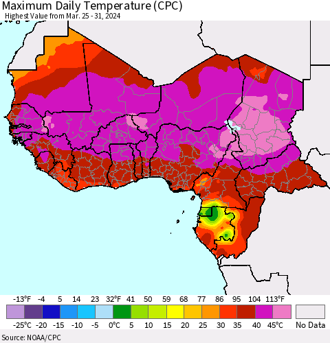 Western Africa Maximum Daily Temperature (CPC) Thematic Map For 3/25/2024 - 3/31/2024