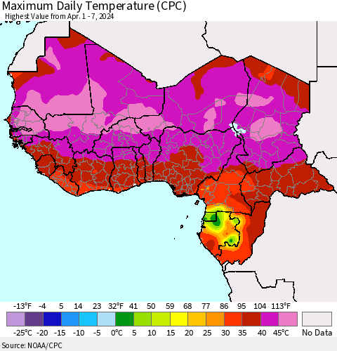 Western Africa Maximum Daily Temperature (CPC) Thematic Map For 4/1/2024 - 4/7/2024
