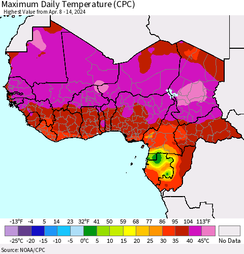 Western Africa Maximum Daily Temperature (CPC) Thematic Map For 4/8/2024 - 4/14/2024