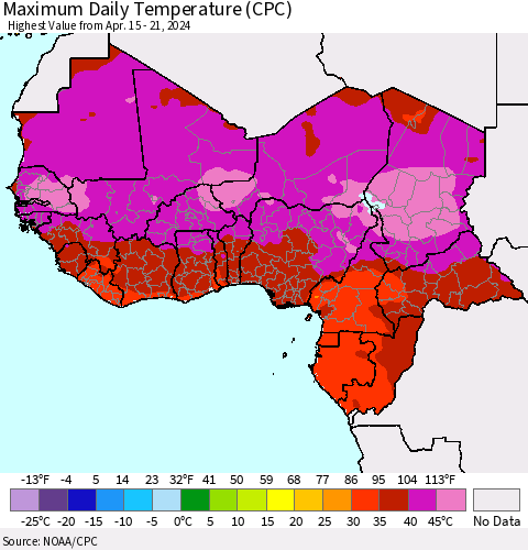Western Africa Maximum Daily Temperature (CPC) Thematic Map For 4/15/2024 - 4/21/2024