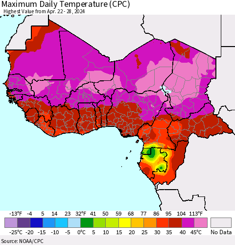 Western Africa Maximum Daily Temperature (CPC) Thematic Map For 4/22/2024 - 4/28/2024